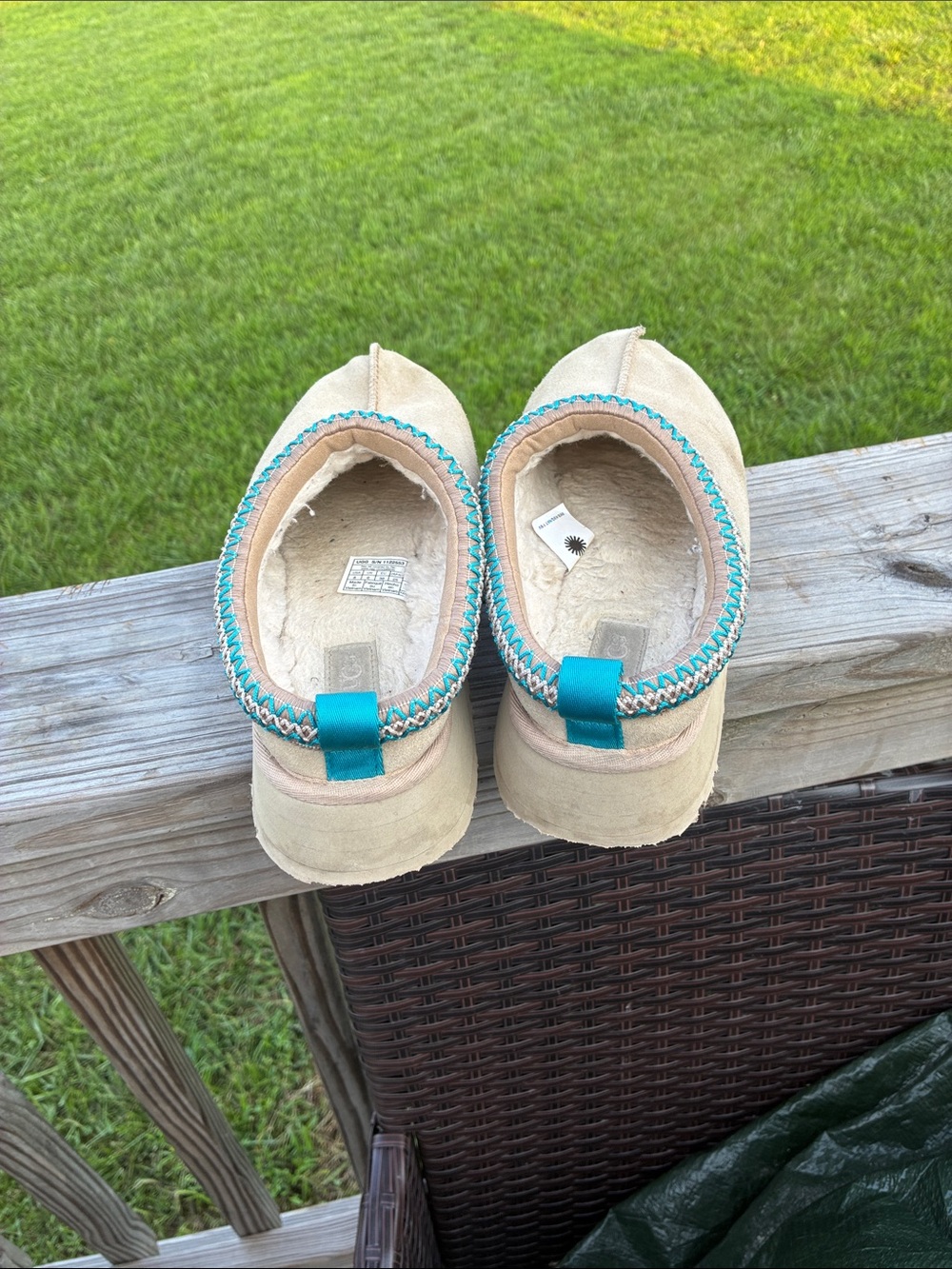 UGG Beige Suede Slip-On Mules with Turquoise Trim - Picture 3 of 3